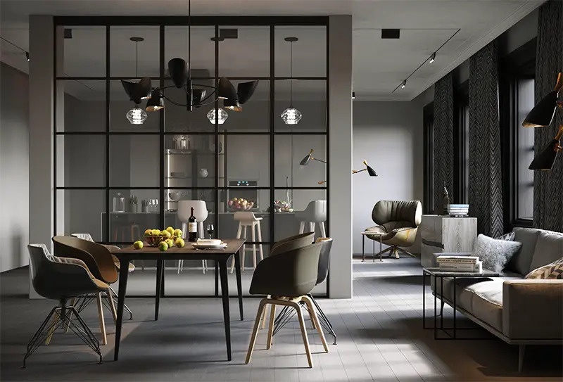 Ușă din sticlă cu ramă neagră într-un interior contemporan